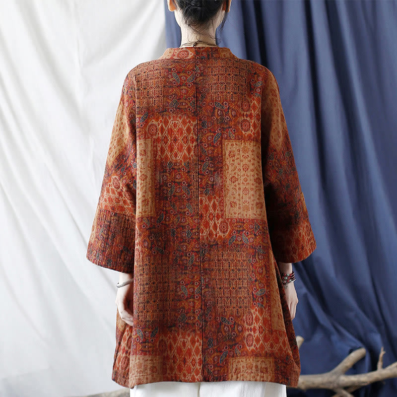 Giacca aperta sul davanti in cotone con stampa geometrica di fiori arancioni Buddha Stones con tasche