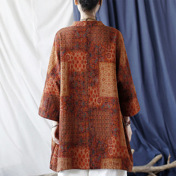 Giacca aperta sul davanti in cotone con stampa geometrica di fiori arancioni Buddha Stones con tasche