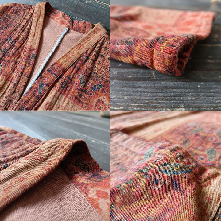 Giacca aperta sul davanti in cotone con stampa geometrica di fiori arancioni Buddha Stones con tasche