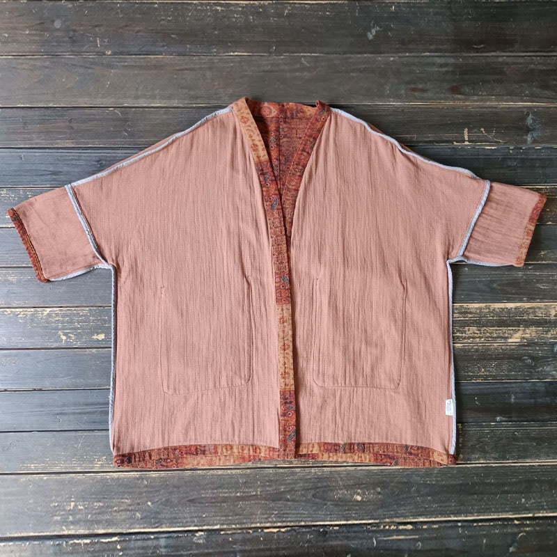 Giacca aperta sul davanti in cotone con stampa geometrica di fiori arancioni Buddha Stones con tasche