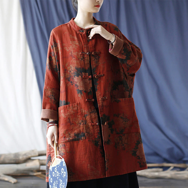Giacca aperta sul davanti con bottoni a forma di rana in cotone e lino, con tasche, motivo a peonia arancione e pietre Buddha Stones - image 1
