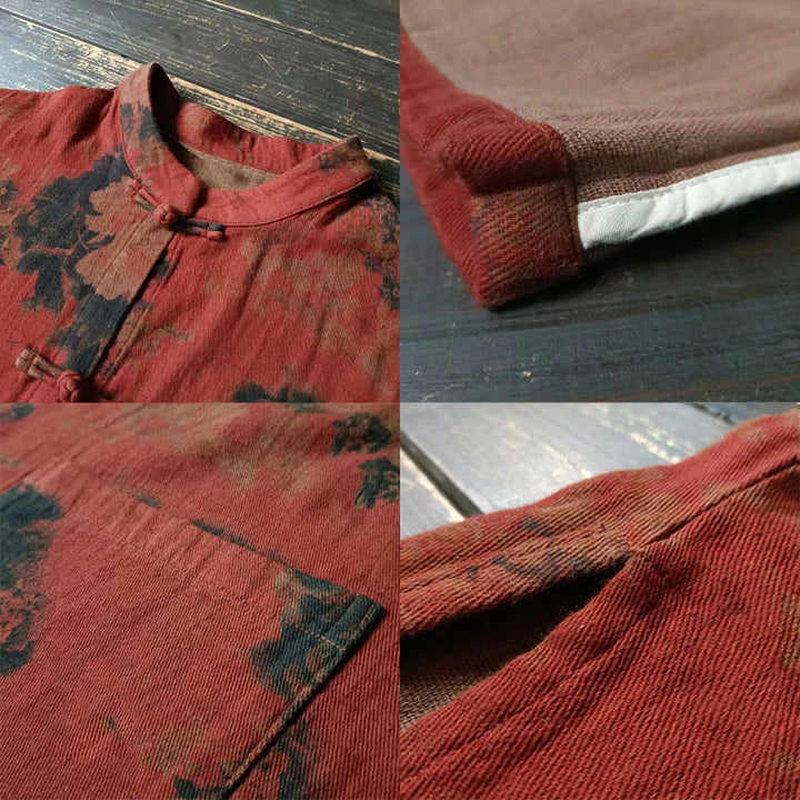 Giacca aperta sul davanti con bottoni a forma di rana in cotone e lino, con tasche, motivo a peonia arancione e pietre Buddha Stones