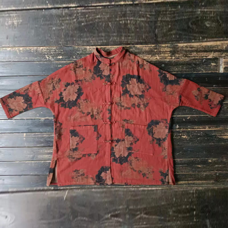 Giacca aperta sul davanti con bottoni a forma di rana in cotone e lino, con tasche, motivo a peonia arancione e pietre Buddha Stones