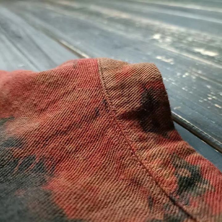 Giacca aperta sul davanti con bottoni a forma di rana in cotone e lino, con tasche, motivo a peonia arancione e pietre Buddha Stones
