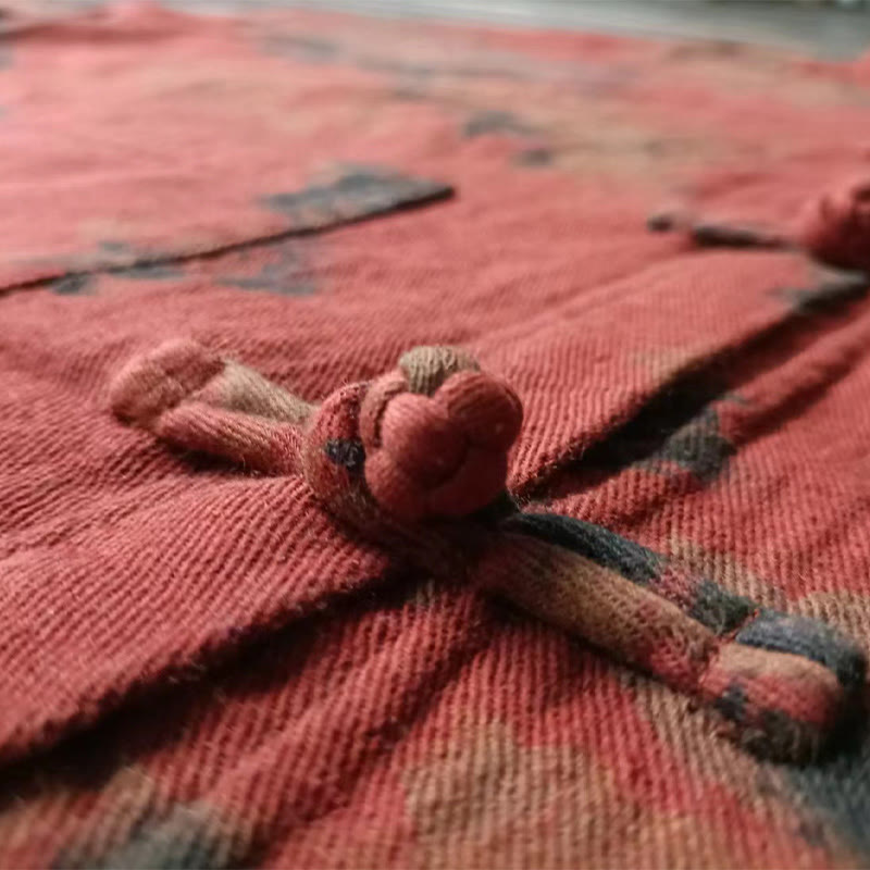 Giacca aperta sul davanti con bottoni a forma di rana in cotone e lino, con tasche, motivo a peonia arancione e pietre Buddha Stones