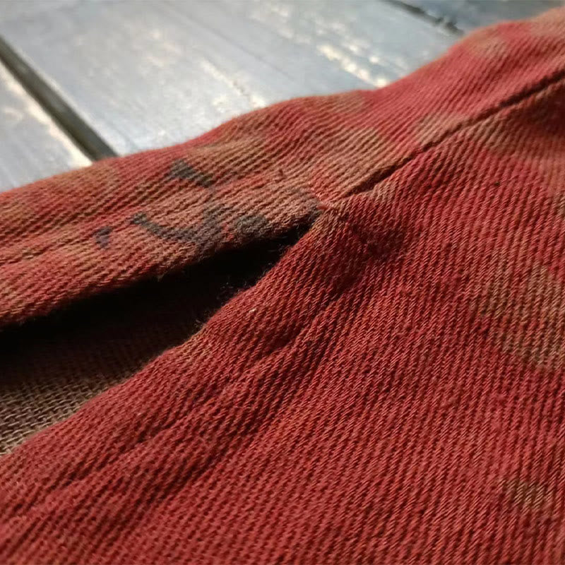 Giacca aperta sul davanti con bottoni a forma di rana in cotone e lino, con tasche, motivo a peonia arancione e pietre Buddha Stones
