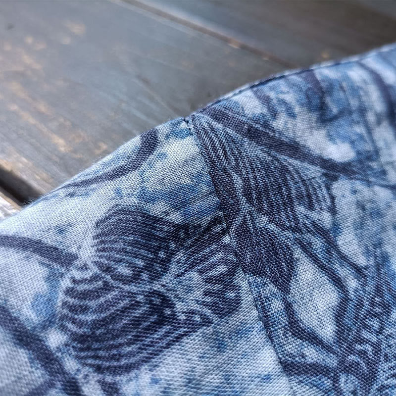 Camicia giacca in lino ramiè a maniche lunghe con motivo a rana, motivo a fiori blu e bianchi, stile retrò Buddha Stones