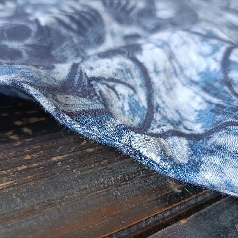 Camicia giacca in lino ramiè a maniche lunghe con motivo a rana, motivo a fiori blu e bianchi, stile retrò Buddha Stones