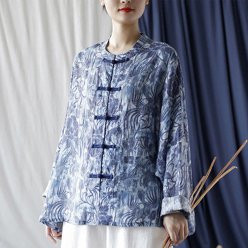 Camicia giacca in lino ramiè a maniche lunghe con motivo a rana, motivo a fiori blu e bianchi, stile retrò Buddha Stones