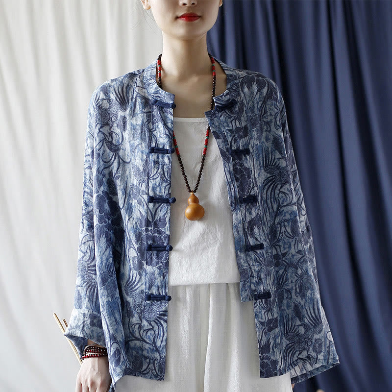 Camicia giacca in lino ramiè a maniche lunghe con motivo a rana, motivo a fiori blu e bianchi, stile retrò Buddha Stones