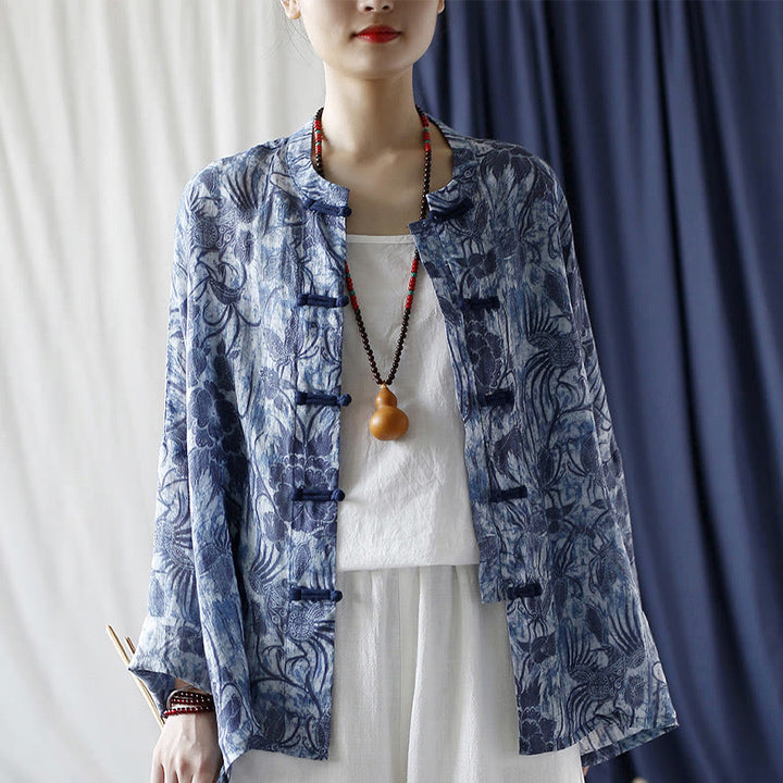 Camicia giacca in lino ramiè a maniche lunghe con motivo a rana, motivo a fiori blu e bianchi, stile retrò Buddha Stones