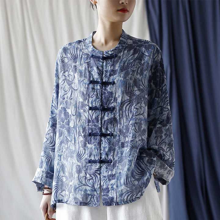 Camicia giacca in lino ramiè a maniche lunghe con motivo a rana, motivo a fiori blu e bianchi, stile retrò Buddha Stones
