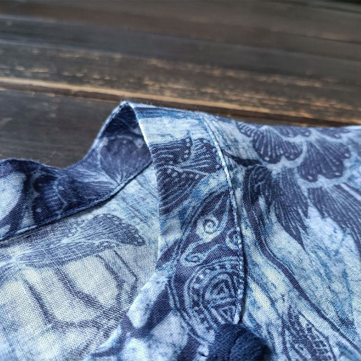 Camicia giacca in lino ramiè a maniche lunghe con motivo a rana, motivo a fiori blu e bianchi, stile retrò Buddha Stones