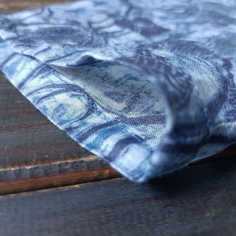 Camicia giacca in lino ramiè a maniche lunghe con motivo a rana, motivo a fiori blu e bianchi, stile retrò Buddha Stones