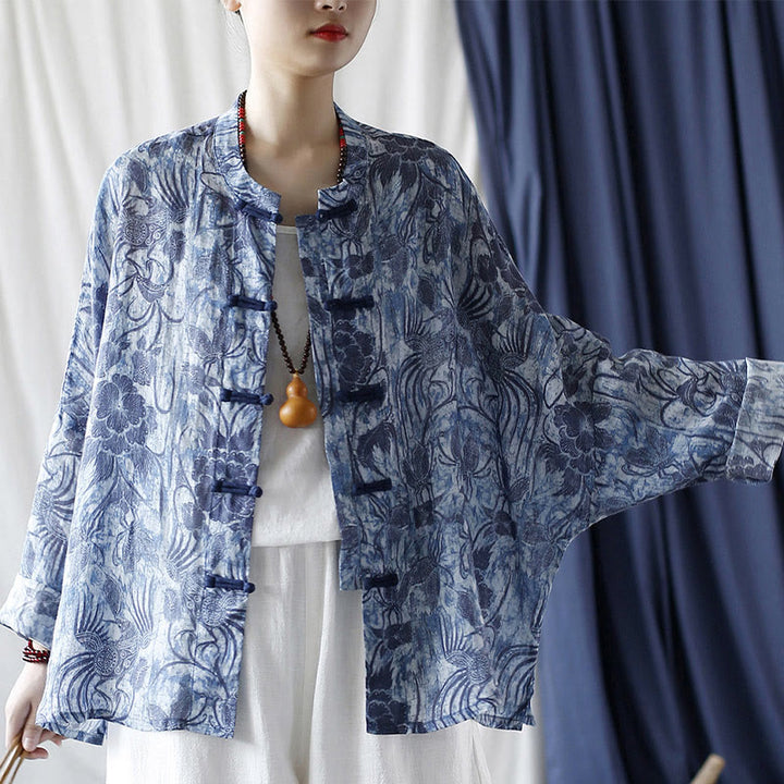 Camicia giacca in lino ramiè a maniche lunghe con motivo a rana, motivo a fiori blu e bianchi, stile retrò Buddha Stones