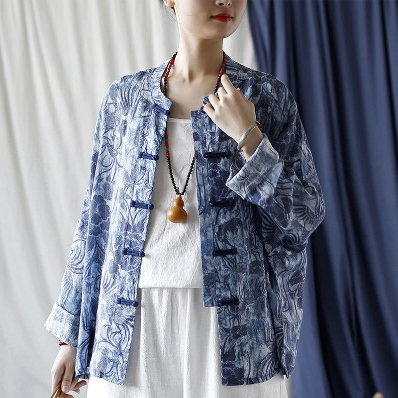 Camicia giacca in lino ramiè a maniche lunghe con motivo a rana, motivo a fiori blu e bianchi, stile retrò Buddha Stones