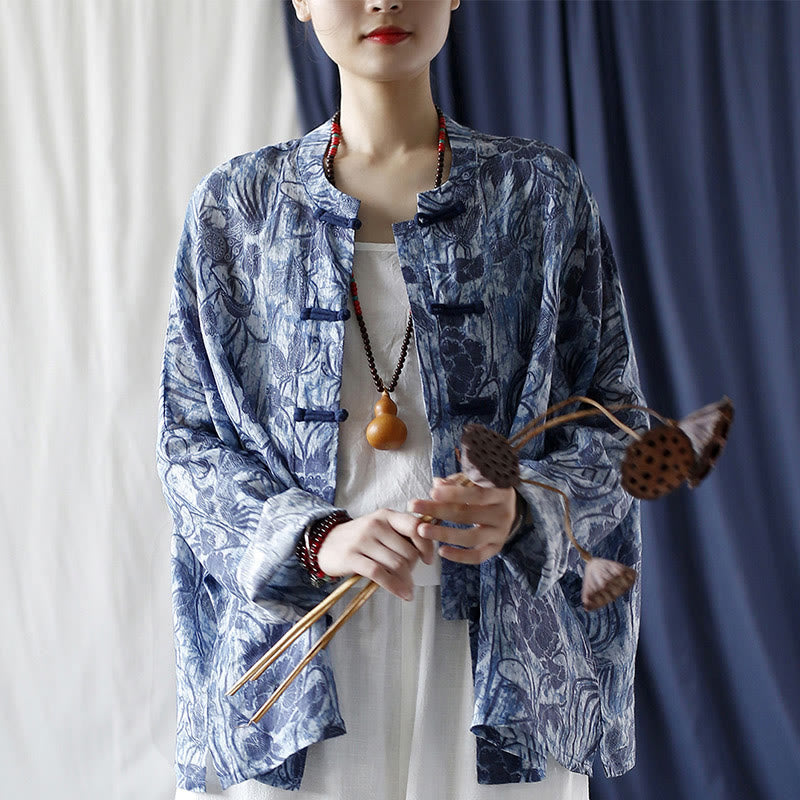 Camicia giacca in lino ramiè a maniche lunghe con motivo a rana, motivo a fiori blu e bianchi, stile retrò Buddha Stones