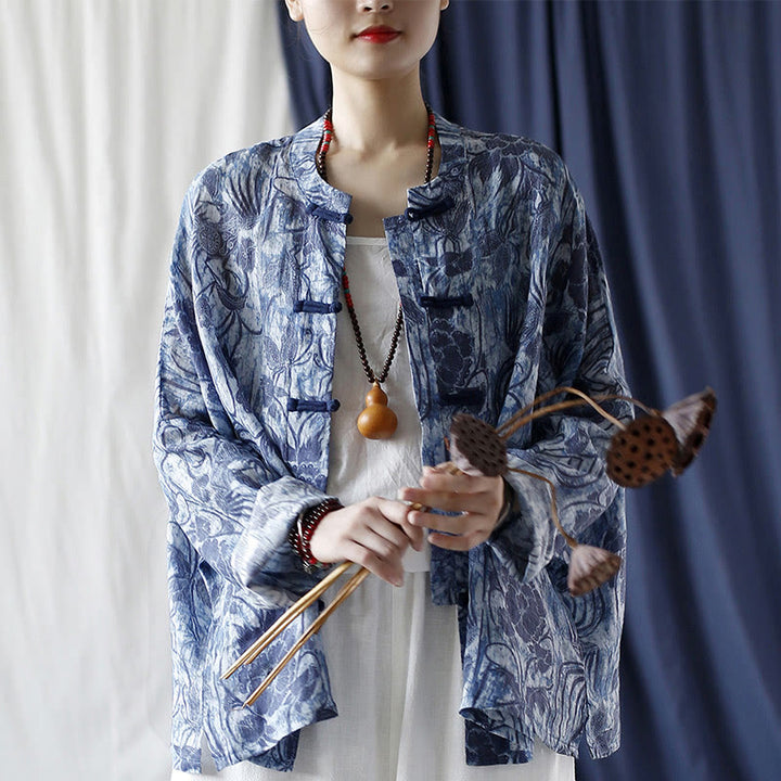 Camicia giacca in lino ramiè a maniche lunghe con motivo a rana, motivo a fiori blu e bianchi, stile retrò Buddha Stones