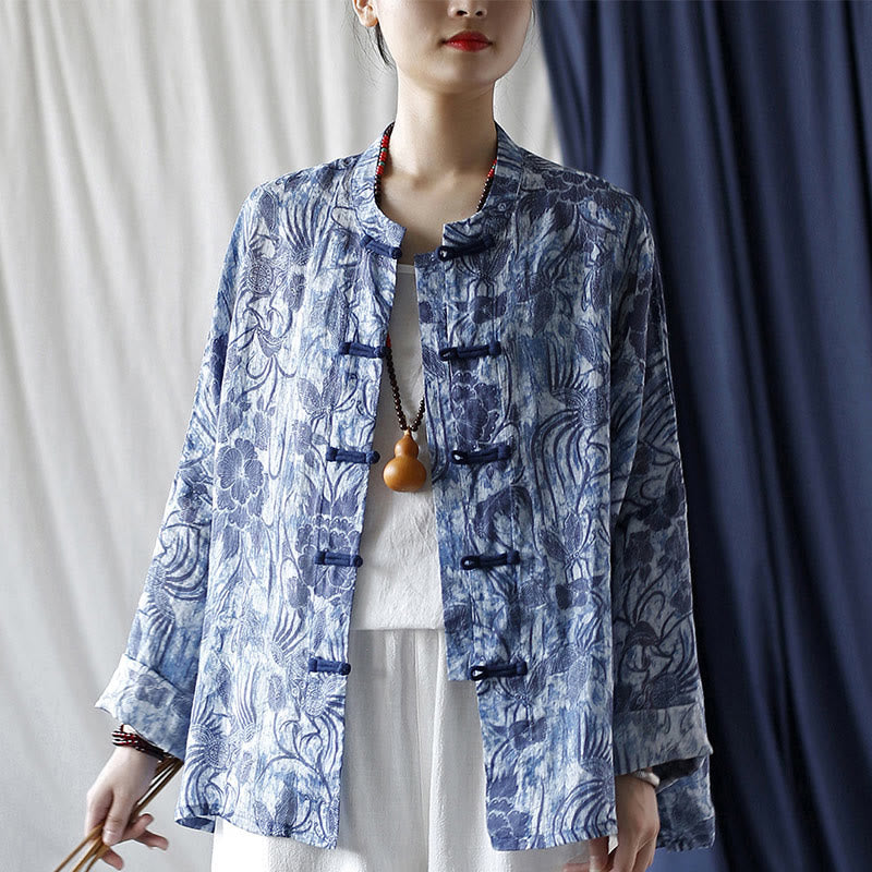 Camicia giacca in lino ramiè a maniche lunghe con motivo a rana, motivo a fiori blu e bianchi, stile retrò Buddha Stones