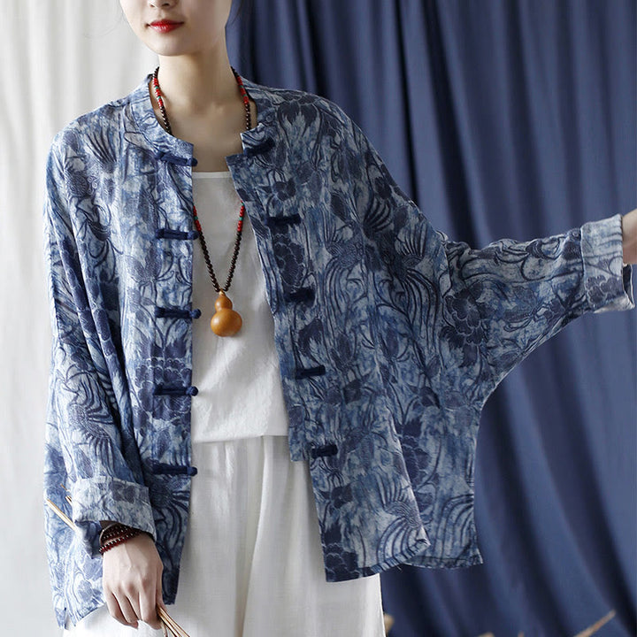 Camicia giacca in lino ramiè a maniche lunghe con motivo a rana, motivo a fiori blu e bianchi, stile retrò Buddha Stones
