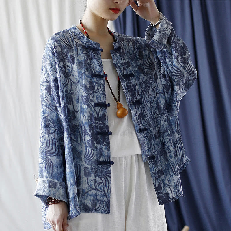 Camicia giacca in lino ramiè a maniche lunghe con motivo a rana, motivo a fiori blu e bianchi, stile retrò Buddha Stones
