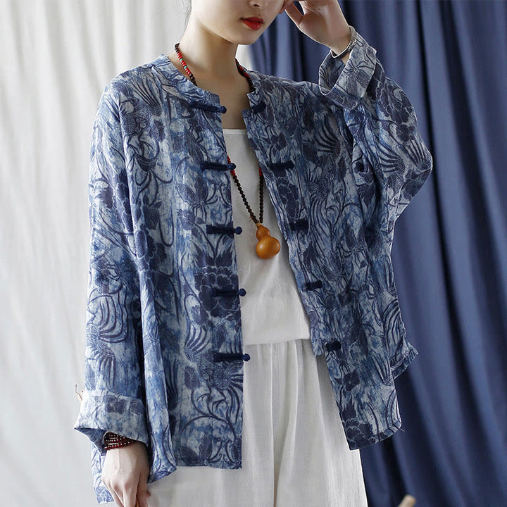 Camicia giacca in lino ramiè a maniche lunghe con motivo a rana, motivo a fiori blu e bianchi, stile retrò Buddha Stones