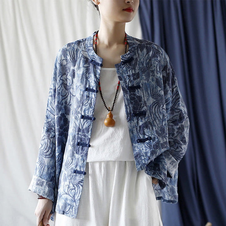 Camicia giacca in lino ramiè a maniche lunghe con motivo a rana, motivo a fiori blu e bianchi, stile retrò Buddha Stones