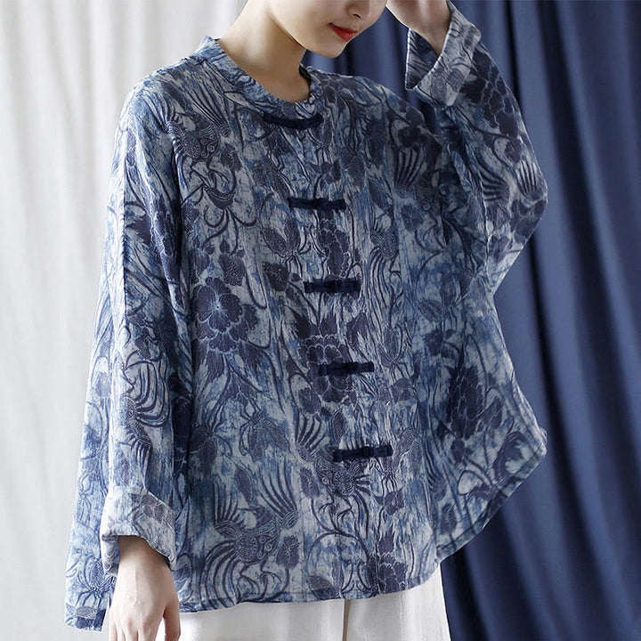 Camicia giacca in lino ramiè a maniche lunghe con motivo a rana, motivo a fiori blu e bianchi, stile retrò Buddha Stones