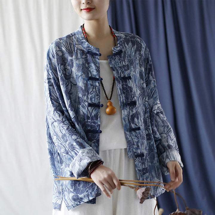 Camicia giacca in lino ramiè a maniche lunghe con motivo a rana, motivo a fiori blu e bianchi, stile retrò Buddha Stones
