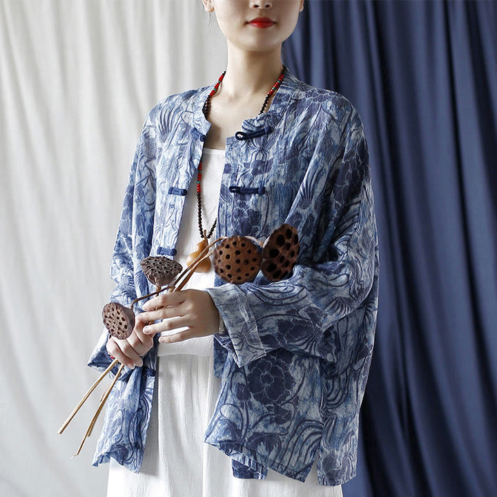 Camicia giacca in lino ramiè a maniche lunghe con motivo a rana, motivo a fiori blu e bianchi, stile retrò Buddha Stones
