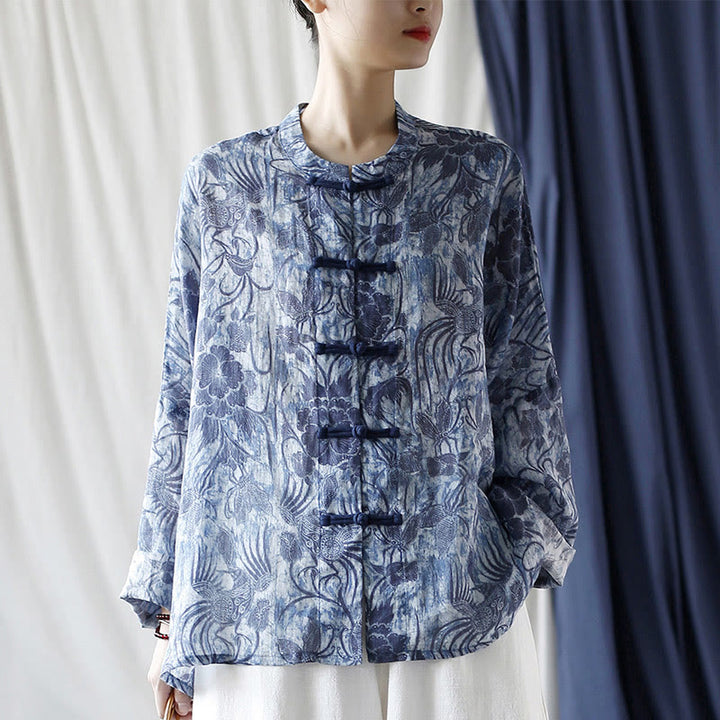 Camicia giacca in lino ramiè a maniche lunghe con motivo a rana, motivo a fiori blu e bianchi, stile retrò Buddha Stones