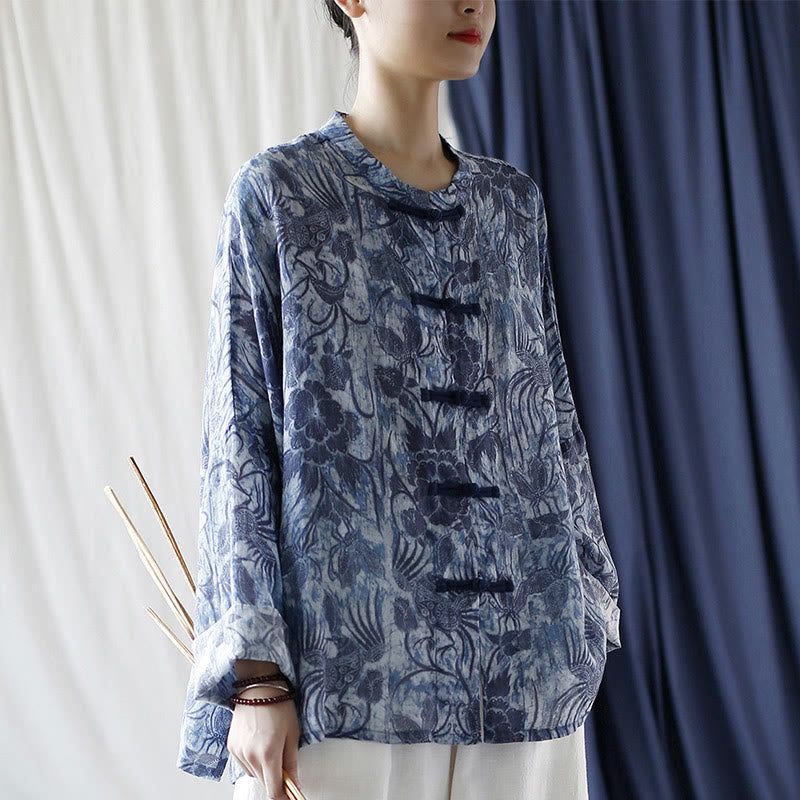 Camicia giacca in lino ramiè a maniche lunghe con motivo a rana, motivo a fiori blu e bianchi, stile retrò Buddha Stones