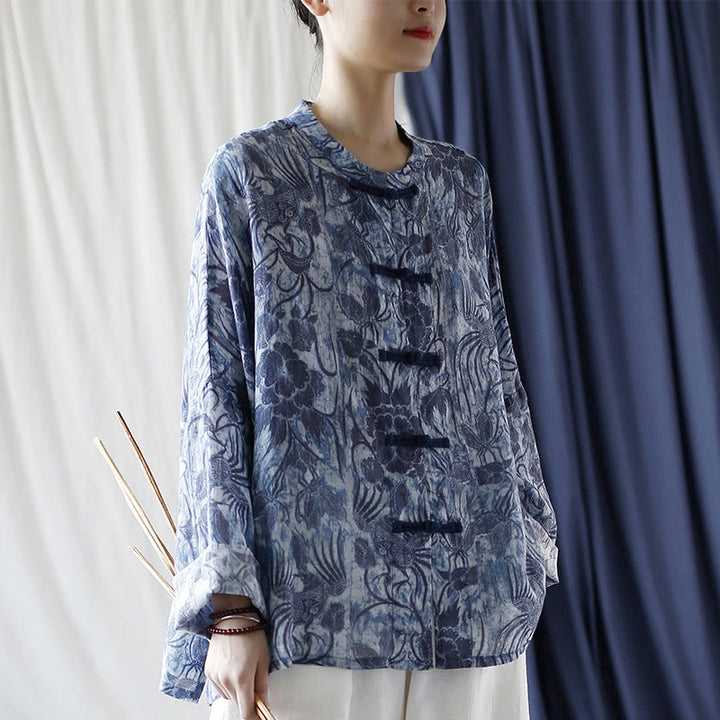 Camicia giacca in lino ramiè a maniche lunghe con motivo a rana, motivo a fiori blu e bianchi, stile retrò Buddha Stones