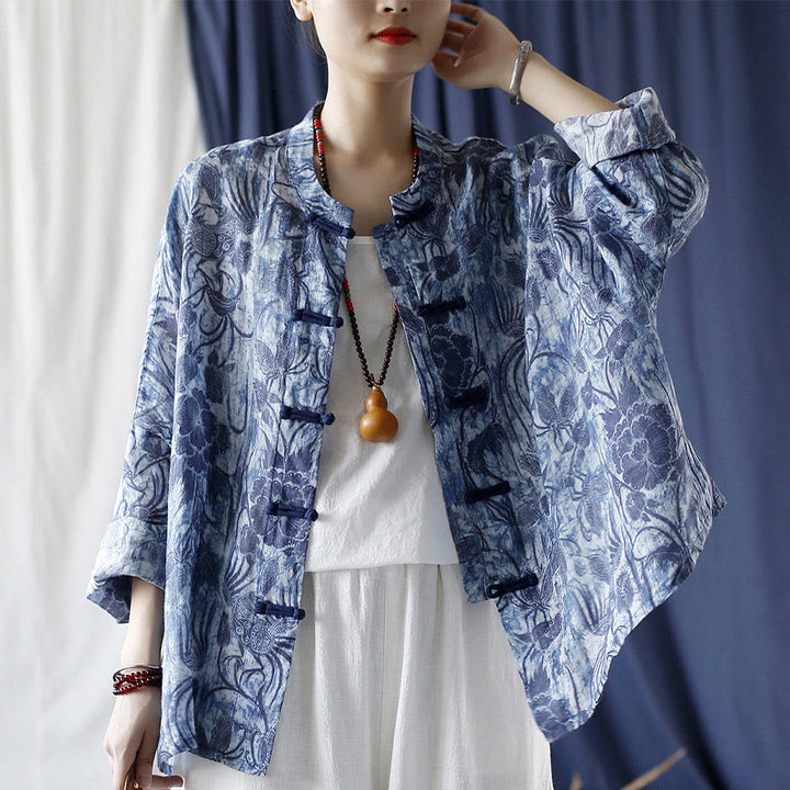 Camicia giacca in lino ramiè a maniche lunghe con motivo a rana, motivo a fiori blu e bianchi, stile retrò Buddha Stones