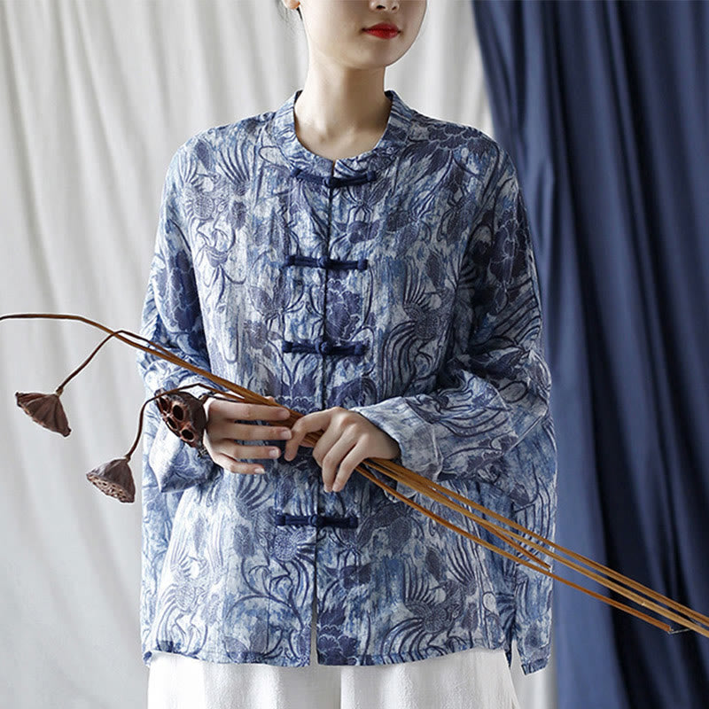 Camicia giacca in lino ramiè a maniche lunghe con motivo a rana, motivo a fiori blu e bianchi, stile retrò Buddha Stones