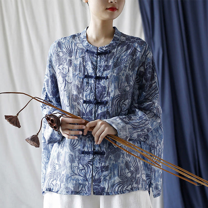 Camicia giacca in lino ramiè a maniche lunghe con motivo a rana, motivo a fiori blu e bianchi, stile retrò Buddha Stones