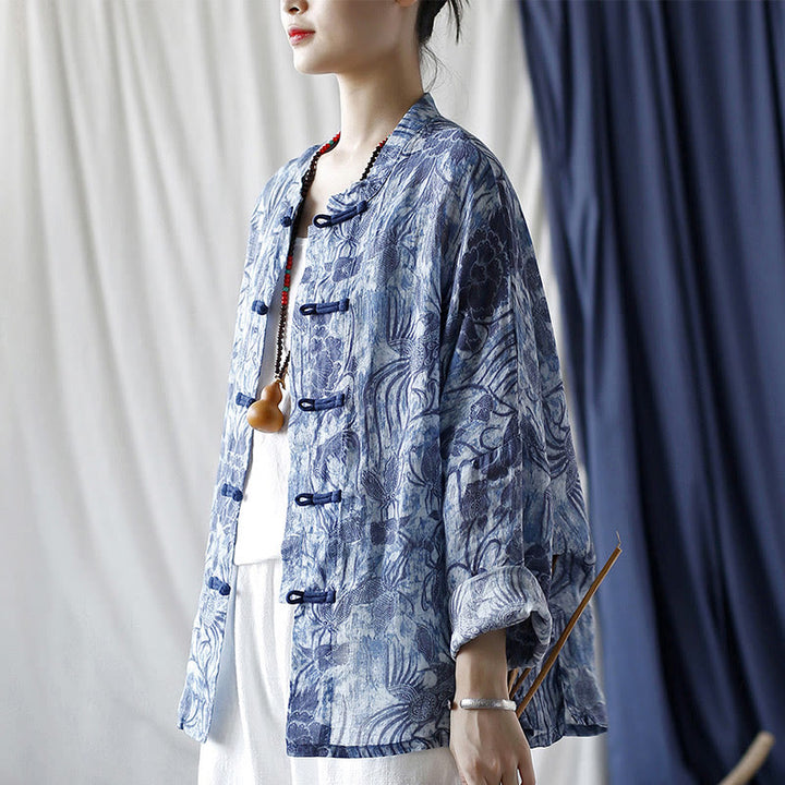 Camicia giacca in lino ramiè a maniche lunghe con motivo a rana, motivo a fiori blu e bianchi, stile retrò Buddha Stones