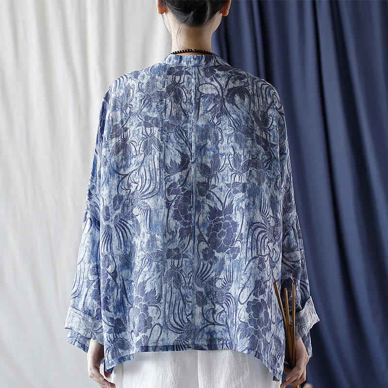 Camicia giacca in lino ramiè a maniche lunghe con motivo a rana, motivo a fiori blu e bianchi, stile retrò Buddha Stones