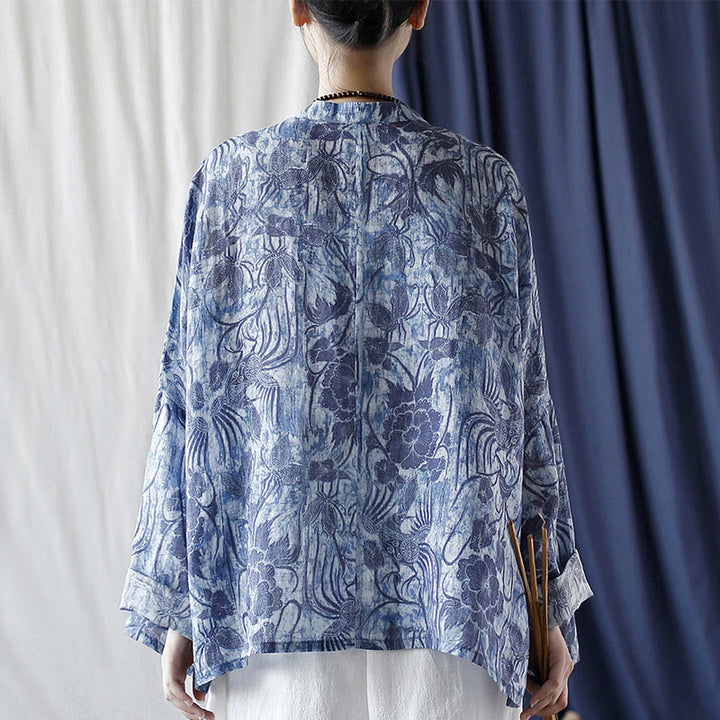 Camicia giacca in lino ramiè a maniche lunghe con motivo a rana, motivo a fiori blu e bianchi, stile retrò Buddha Stones