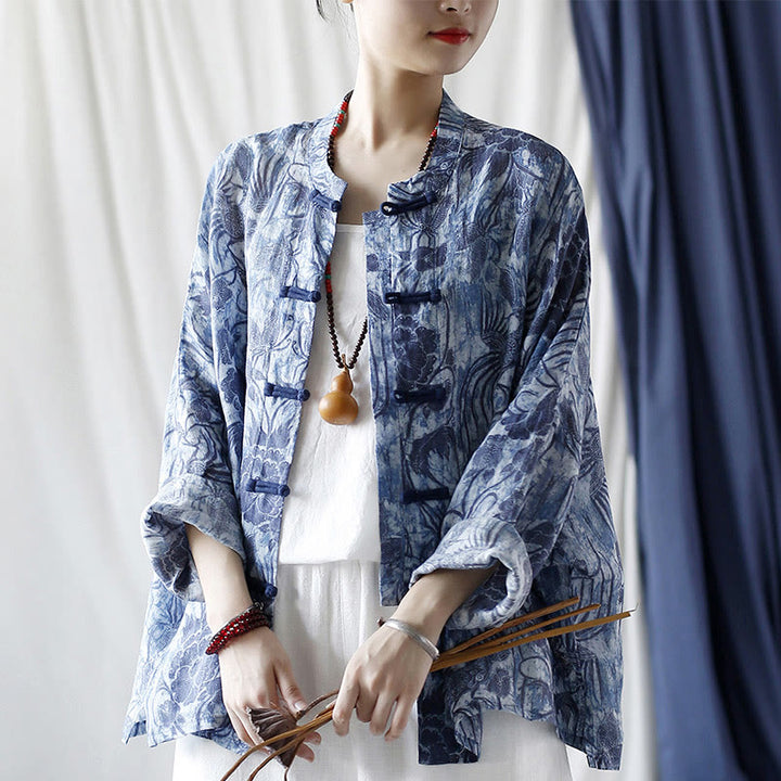 Camicia giacca in lino ramiè a maniche lunghe con motivo a rana, motivo a fiori blu e bianchi, stile retrò Buddha Stones