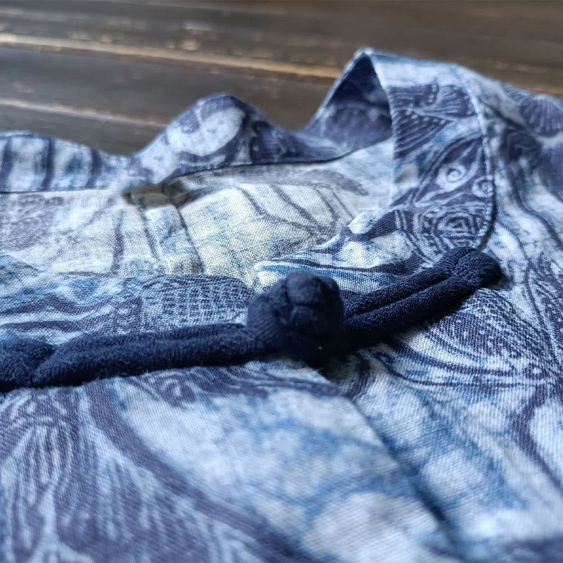 Camicia giacca in lino ramiè a maniche lunghe con motivo a rana, motivo a fiori blu e bianchi, stile retrò Buddha Stones