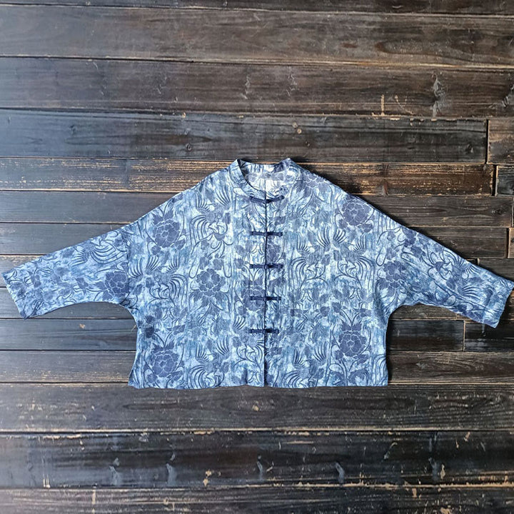 Camicia giacca in lino ramiè a maniche lunghe con motivo a rana, motivo a fiori blu e bianchi, stile retrò Buddha Stones