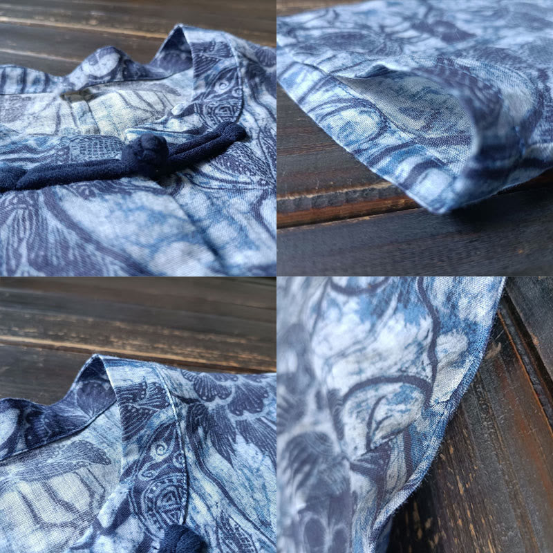 Camicia giacca in lino ramiè a maniche lunghe con motivo a rana, motivo a fiori blu e bianchi, stile retrò Buddha Stones