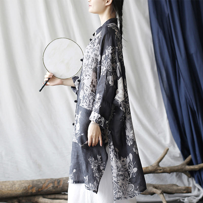 Camicia giacca in lino ramiè con maniche lunghe, bottoni a rana, fiori bianchi blu Buddha Stones con tasche - image 6