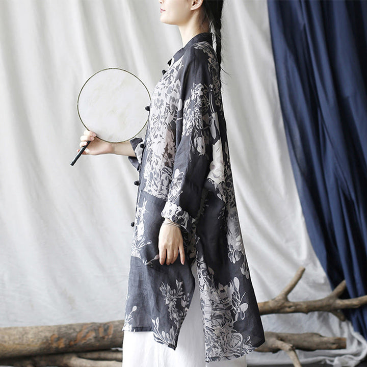 Camicia giacca in lino ramiè con maniche lunghe, bottoni a rana, fiori bianchi blu Buddha Stones con tasche - image 6