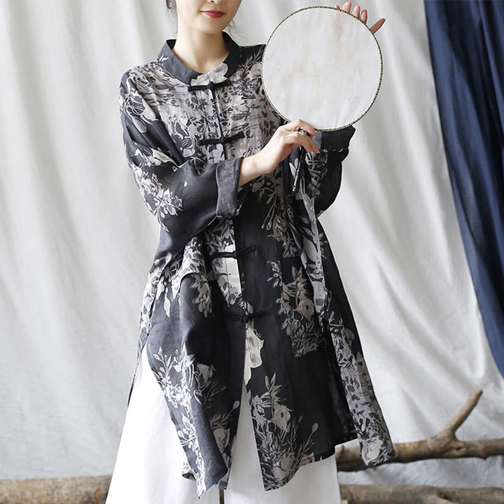 Camicia giacca in lino ramiè con maniche lunghe, bottoni a rana, fiori bianchi blu Buddha Stones con tasche - image 8