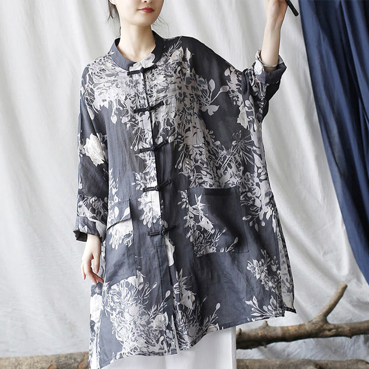 Camicia giacca in lino ramiè con maniche lunghe, bottoni a rana, fiori bianchi blu Buddha Stones con tasche