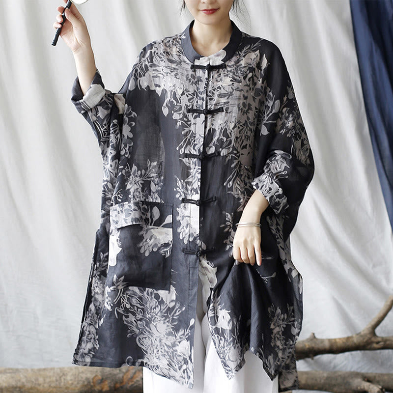 Camicia giacca in lino ramiè con maniche lunghe, bottoni a rana, fiori bianchi blu Buddha Stones con tasche - US4， UK/AU8，EU36-48 (F)(Solo giacca) - image 0