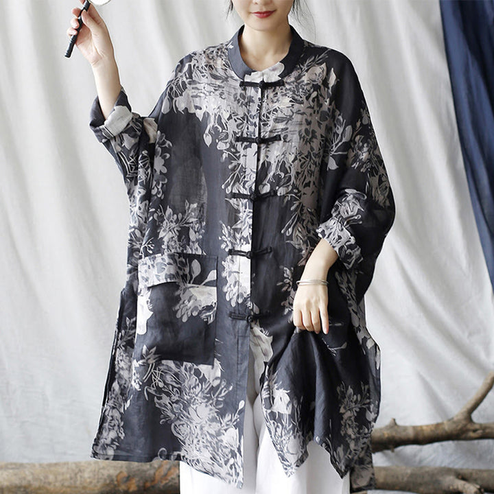 Camicia giacca in lino ramiè con maniche lunghe, bottoni a rana, fiori bianchi blu Buddha Stones con tasche