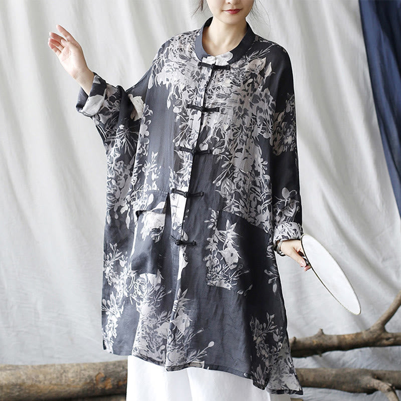 Camicia giacca in lino ramiè con maniche lunghe, bottoni a rana, fiori bianchi blu Buddha Stones con tasche